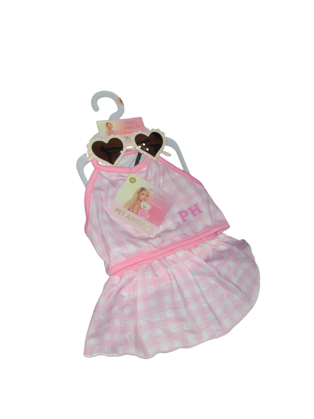 PARIS HILTON Pink Gingham Pet Dress with Heart Sunglasses
